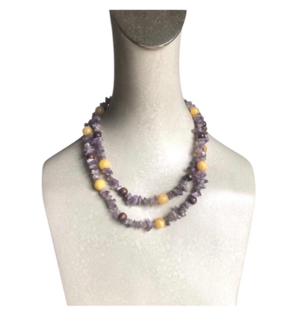 Purple Yellow Beaded Single Strand Necklace Irregular Stone Look Boho Statement